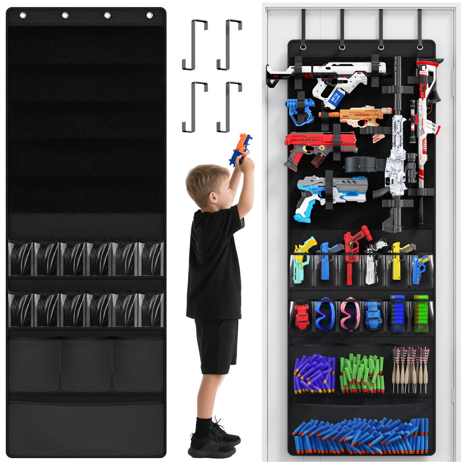 Over the Door Organizer for Toy Guns, Toys Storage Door Hanger with Pockets and Slots for Kids Foam Blasters, Darts, Goggles, Over Door Toy Guns Storage Organizer, for Kids Rooms, Game Rooms,