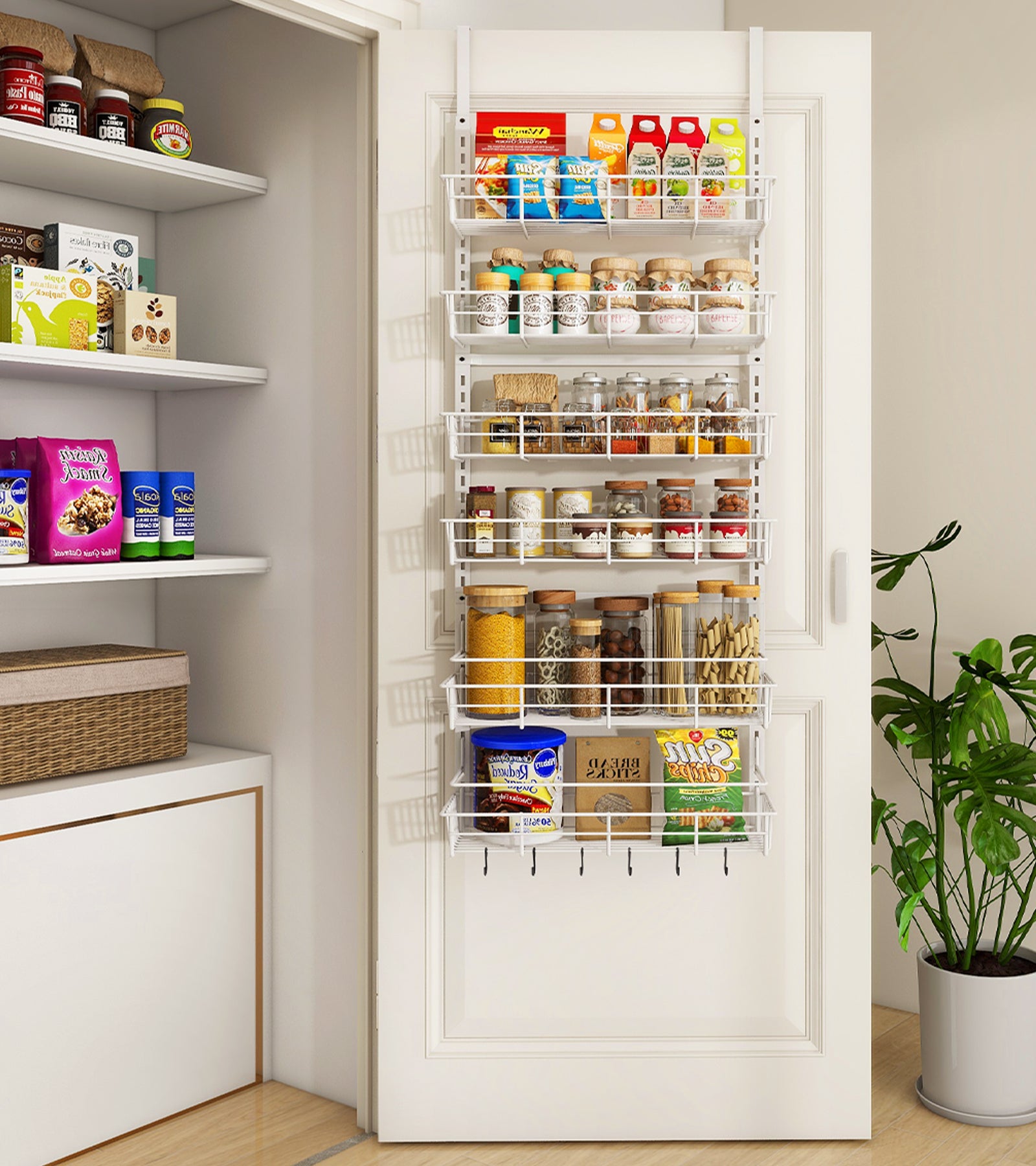 Smart Design Over The Door Pantry Organizer Rack with 6 Adjustable Shelves - White