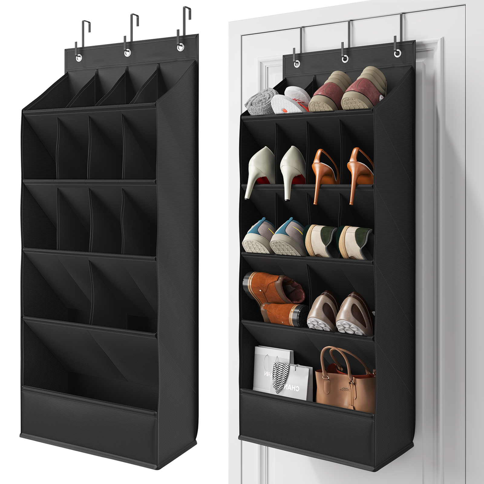 18 Pairs Over the Door Shoe Organizer, Shoe Rack for Closet Door with Large Breathable Pockets, Hanging Shoes Rack for Boots, Behind the Door Organizer Shoe Holder for Categorized Storage, Black