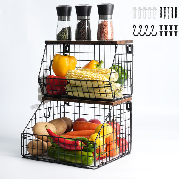 3 Tier Hanging Wire Basket - Wall Mounted Storage Bins with Adjustable