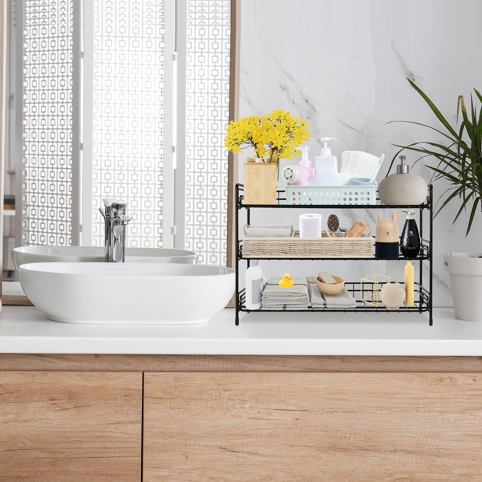 organizing water bottles idea for towels in bathroom