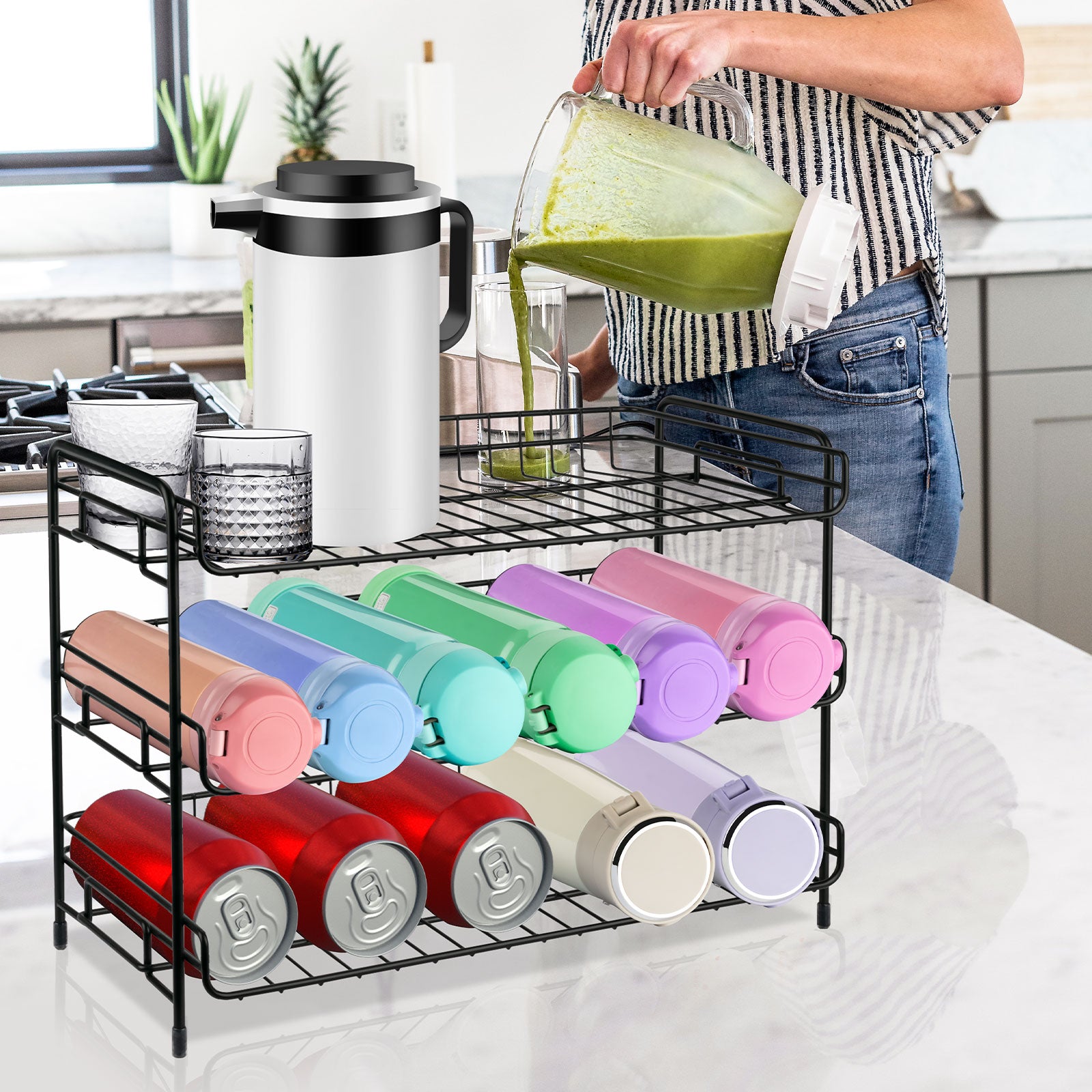 organize water bottles for cabinets