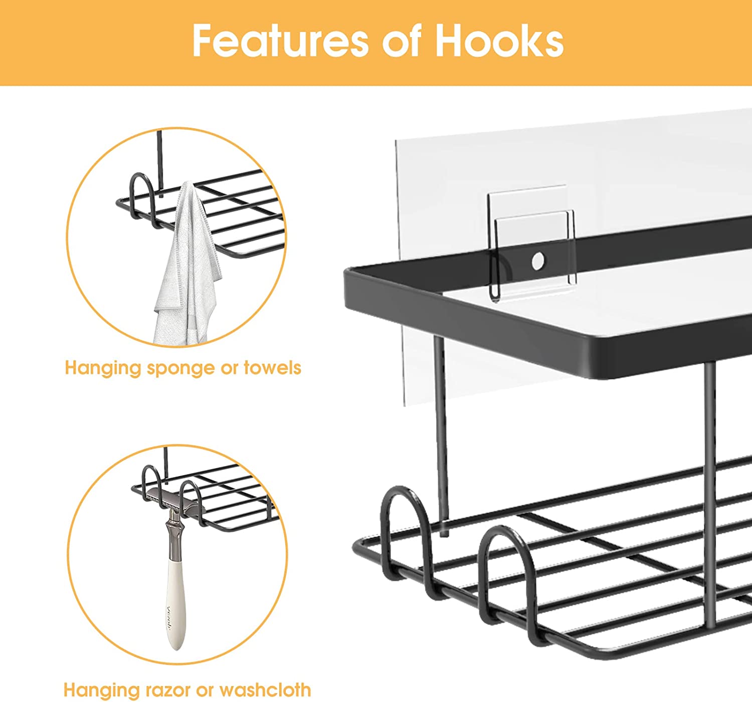 Metal Black Hanging Shower Caddy, Over Head Shower Caddy Rustproof with  hooks for Towels, Sponge and more