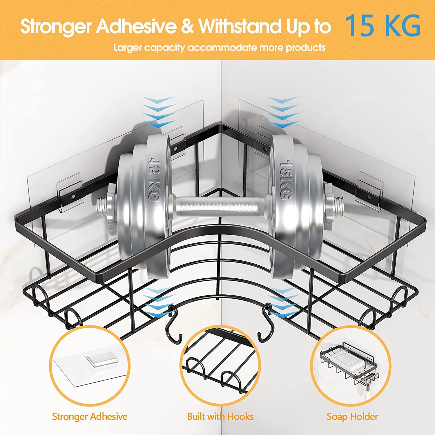 shower caddies with strong adhesive and withstand up to 15kg