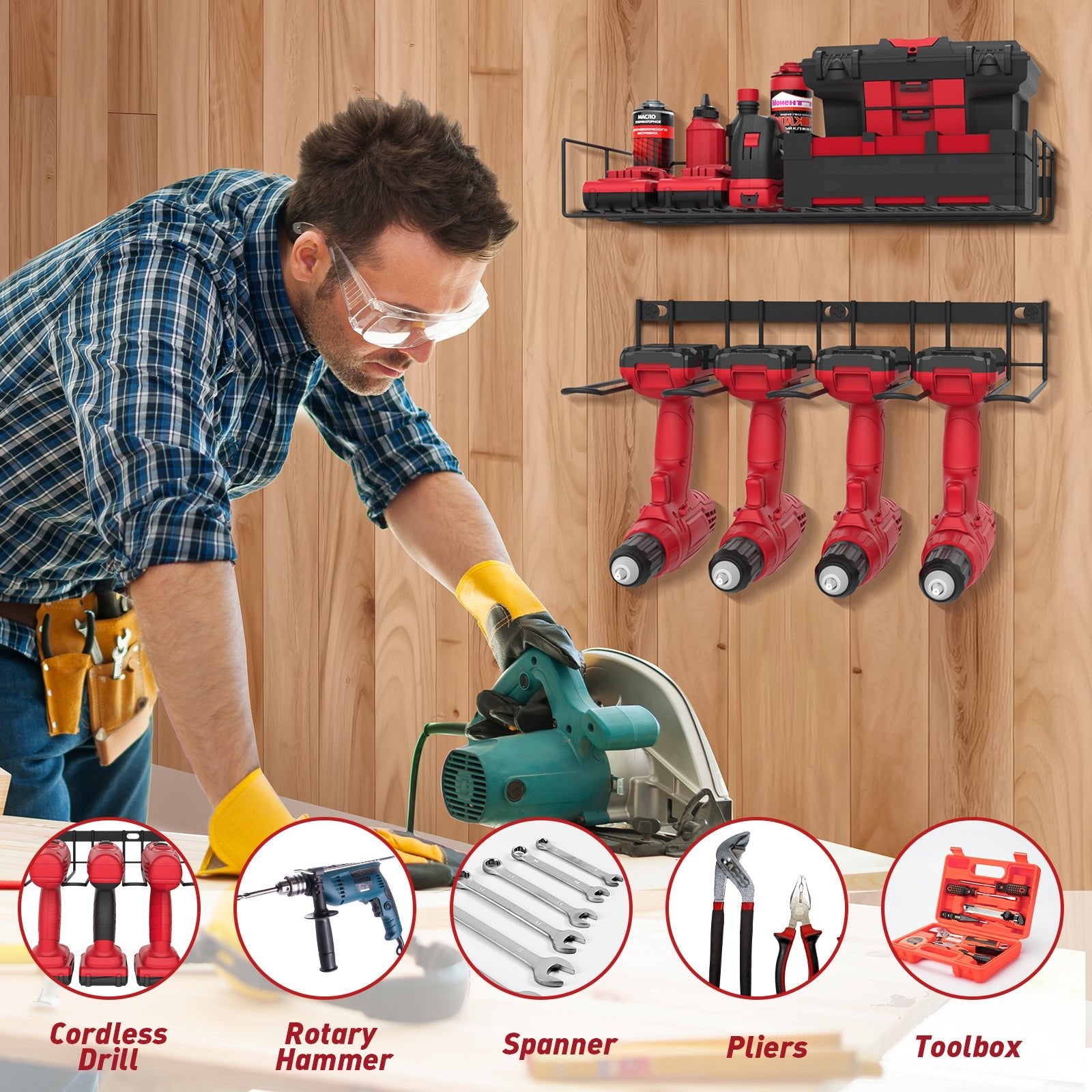 2-Tier Power Tool Organizer, Wall-Mounted Storage for Workshop