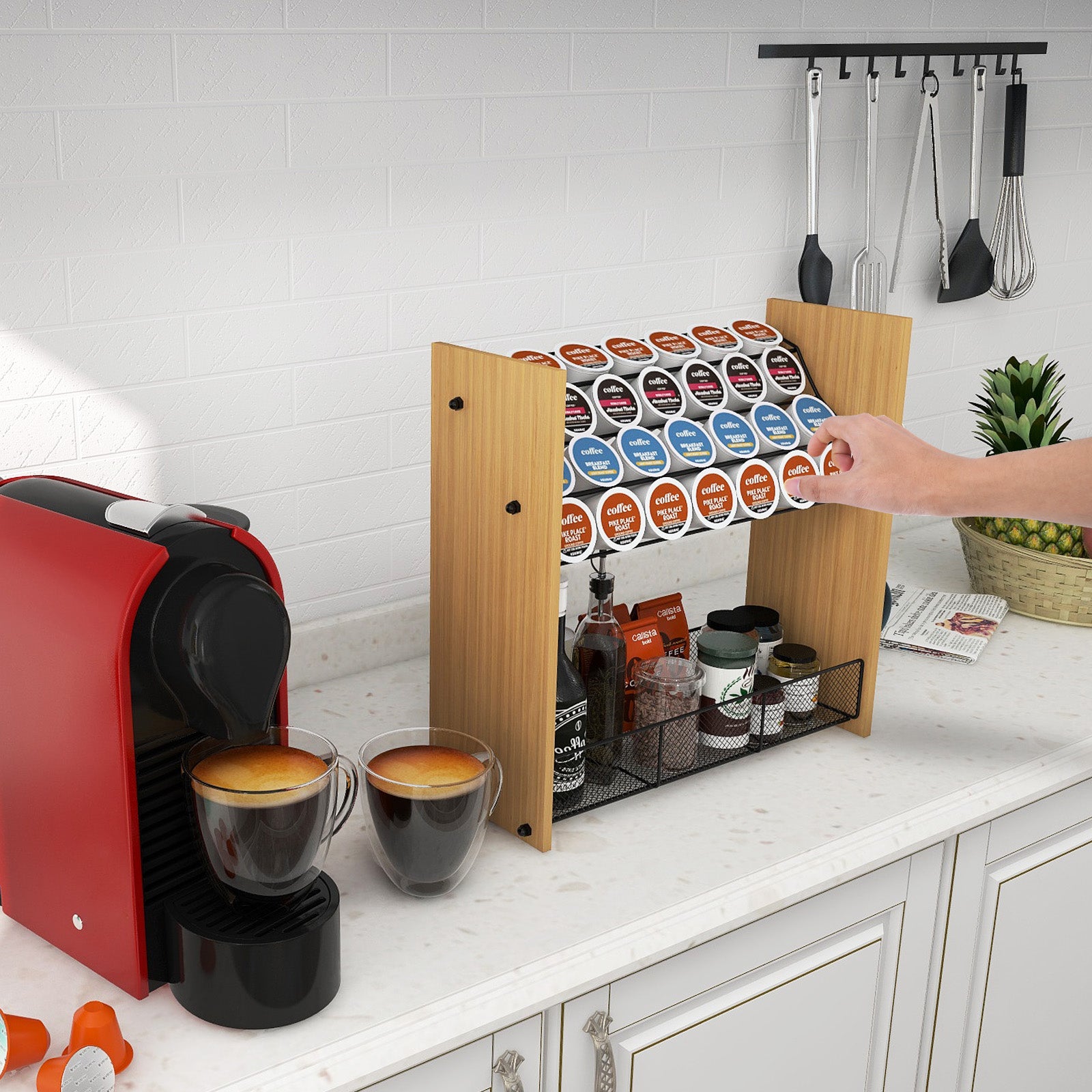 WELL WENG Larger Expandable Bamboo Coffee Pod Holder For