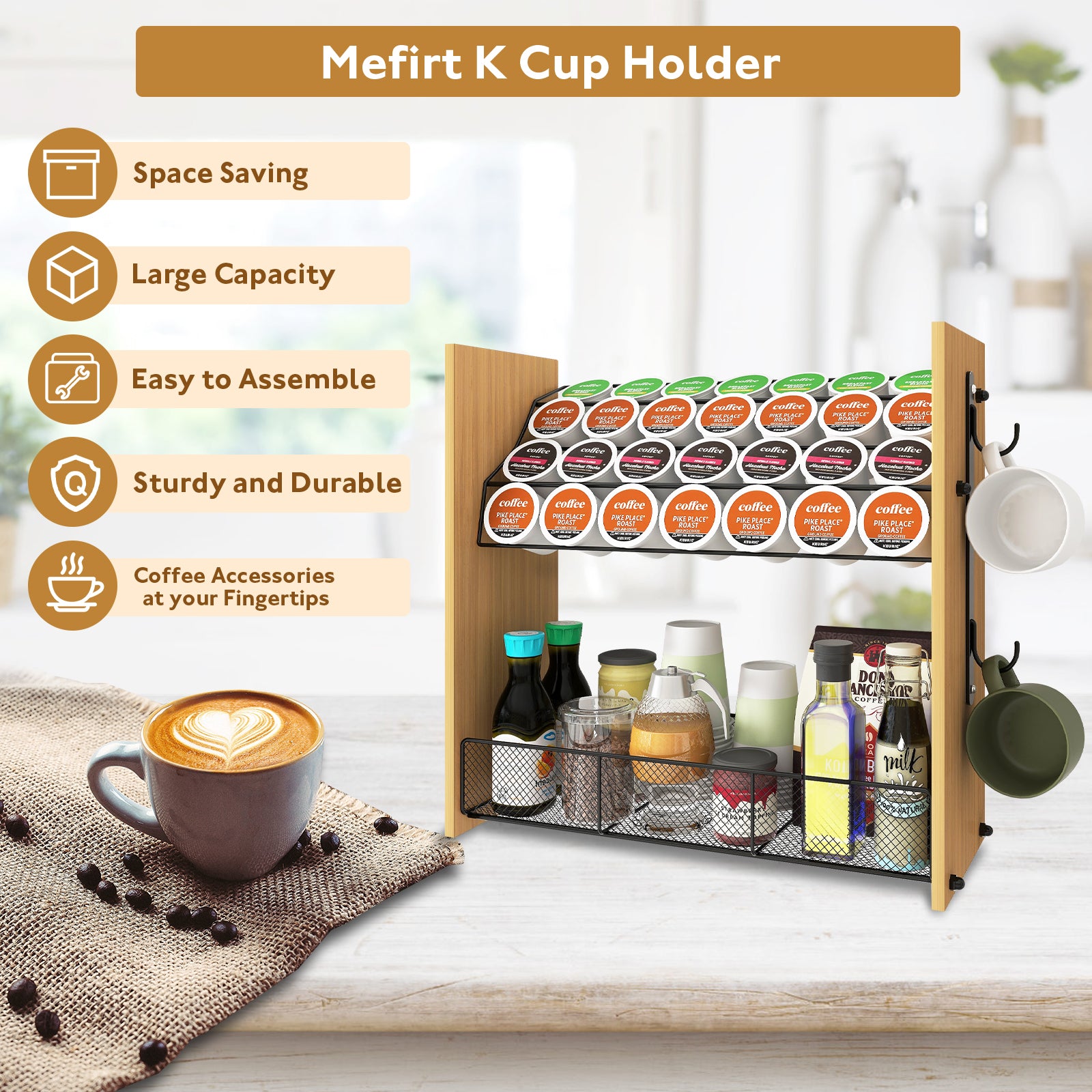 Wood Coffee Station Organizer Countertop Storage Box, Coffee Pod Holder K Cup Organizer Basket, Coffee Mug Holder Coffee Bar Organizer Box Coffee Bar